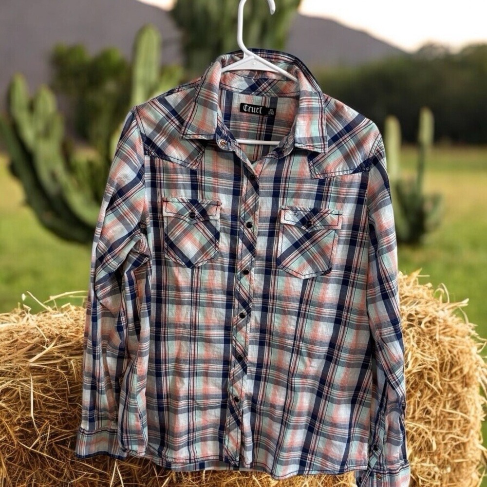Cruel Womens Xl Long Sleeve Black Pearl Snap Western‎ Plaid Cowgirl Rodeo Farm